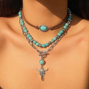 Multicolor Women's Bohemian Western Style faux Turquoise Beaded necklace set